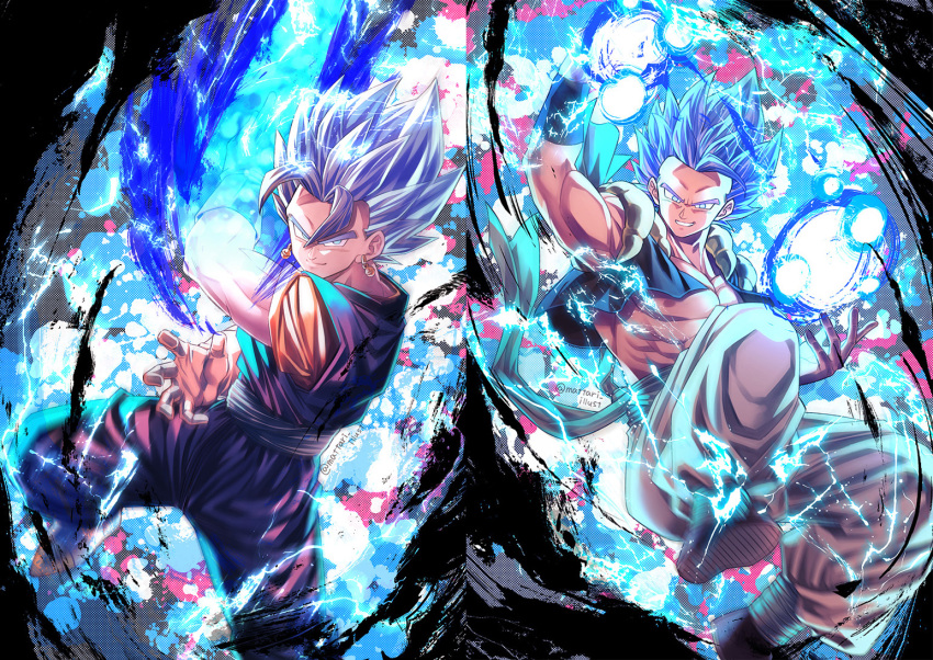 2boys blue_eyes blue_hair chest closed_mouth commentary_request dougi dragon_ball dragon_ball_super earrings electricity gloves gogeta grin jewelry looking_at_viewer male_focus mattari_illust multiple_boys muscle pants potara_earrings smile spiky_hair super_saiyan super_saiyan_blue vegetto white_footwear white_gloves white_pants