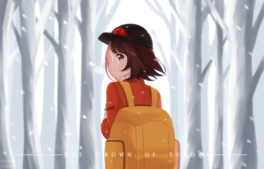 1girl anientte artist_name backpack bag bangs bare_tree black_headwear brown_eyes brown_hair commentary_request floating_hair from_behind gloria_(pokemon) hand_up helmet highres light_blush looking_back orange_backpack parted_lips pokemon pokemon_(game) pokemon_swsh shiny sleeves_past_elbows snowing solo tree