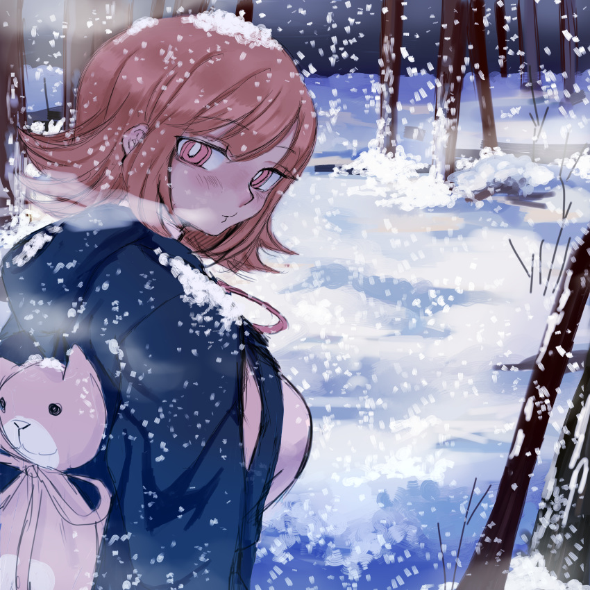 1girl absurdres animal_backpack blush breasts bright_pupils closed_mouth dangan_ronpa dangan_ronpa_1 forest from_side highres jacket jacket_on_shoulders large_breasts looking_at_viewer looking_to_the_side nanami_chiaki nature orange_hair ringed_eyes rye_(hyn_uka) short_hair snow snow_on_head solo tree upper_body white_pupils