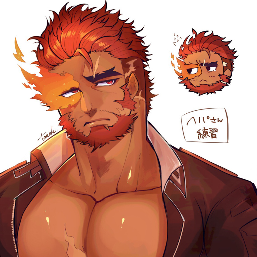 1boy bara bare_chest beard blush chest chibi chibi_inset collared_shirt cropped_shoulders facial_hair facial_scar flaming_eye hephaestus_(tokyo_houkago_summoners) male_focus multiple_views muscle open_clothes open_shirt red_eyes scar shirt short_hair thick_eyebrows tokyo_houkago_summoners touou upper_body
