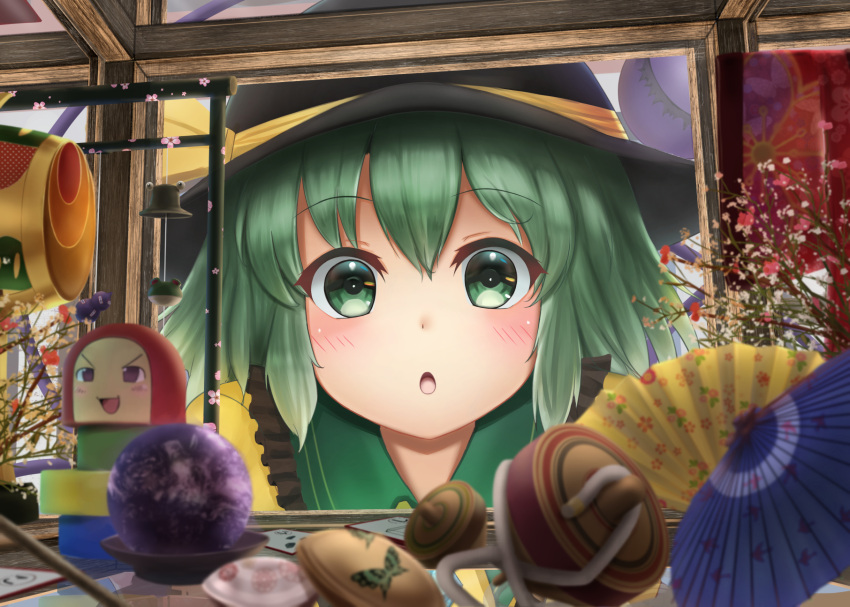 1girl :o bangs black_headwear blurry_foreground brooch building_block charm_(object) collar commentary_request display_case eyebrows_visible_through_hair frilled_shirt_collar frills frog_hair_ornament gourd green_collar green_eyes green_hair hair_ornament hat hat_ribbon highres jewelry komeiji_koishi light_blush looking_at_viewer luke_(kyeftss) miracle_mallet oriental_umbrella partial_commentary pyonta ribbon shirt short_hair solo spinning_top third_eye touhou toy twig umbrella upper_body yellow_shirt