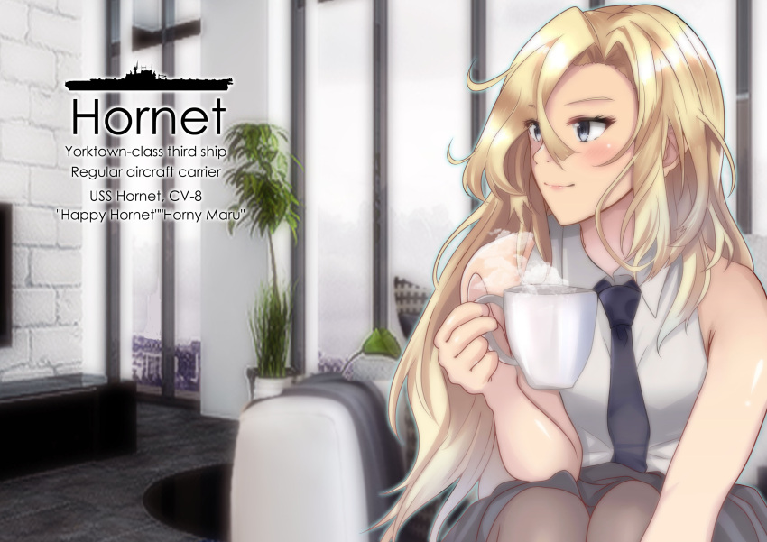 1girl absurdres bangs blonde_hair blue_eyes blush collared_shirt couch cup english_text eyebrows_visible_through_hair eyes_visible_through_hair fire_maxs highres hornet_(kantai_collection) indoors kantai_collection long_hair necktie pantyhose shirt sitting sleeveless solo white_shirt