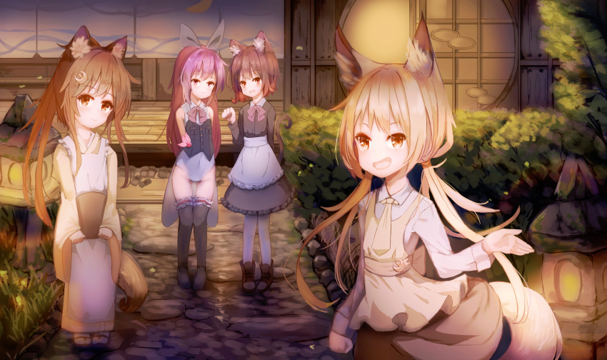 4girls absurdres alternate_costume animal_ears blonde_hair brown_eyes brown_hair cat_ears cat_tail fox_ears fox_tail fumizuki_(kantai_collection) highres kantai_collection kisaragi_(kantai_collection) logiclr long_hair multiple_girls mutsuki_(kantai_collection) playboy_bunny purple_hair satsuki_(kantai_collection) short_hair tail twintails violet_eyes waitress yellow_eyes