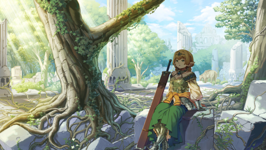 1girl armor armored_dress blonde_hair clothes_around_waist column commentary_request dappled_sunlight day dress elf fantasy forest greaves green_dress kyo_mizusawa light_rays nature original outdoors pillar pointy_ears ruins scenery sheath sheathed sitting solo sunbeam sunlight sword tree weapon wide_shot