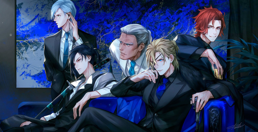 5boys ashe_ubert bangs black_eyepatch black_jacket black_pants black_shirt black_suit black_vest blonde_hair blue_eyes blue_hair blue_jacket blue_neckwear blue_suit brown_eyes cane contemporary couch crossed_legs cup danhu dedue_molinaro dimitri_alexandre_blaiddyd dress_shirt earpiece eyepatch facial_scar felix_hugo_fraldarius fire_emblem fire_emblem:_three_houses formal freckles fur_trim grin hair_between_eyes hand_up highres holding holding_cane holding_cup jacket katana leaning_forward leaning_on_person long_hair long_sleeves looking_away male_focus multiple_boys necktie one_eye_covered pants ponytail profile redhead scabbard scar sheath sheathed shirt short_hair short_ponytail sitting smile suit swept_bangs sword sylvain_jose_gautier vest weapon white_hair white_jacket white_shirt white_suit