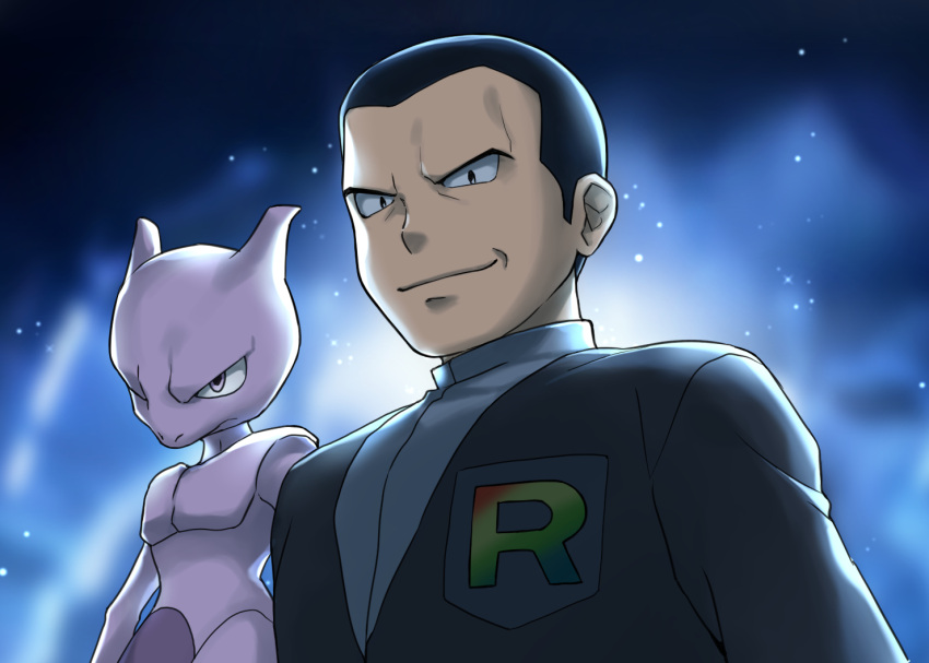 1boy black_eyes black_hair black_jacket closed_mouth commentary english_commentary gen_1_pokemon giovanni_(pokemon) jacket legendary_pokemon light_smile looking_at_viewer mewtwo mono_land pokemon pokemon_(creature) pokemon_(game) pokemon_masters_ex pokemon_usum short_hair team_rainbow_rocket upper_body very_short_hair