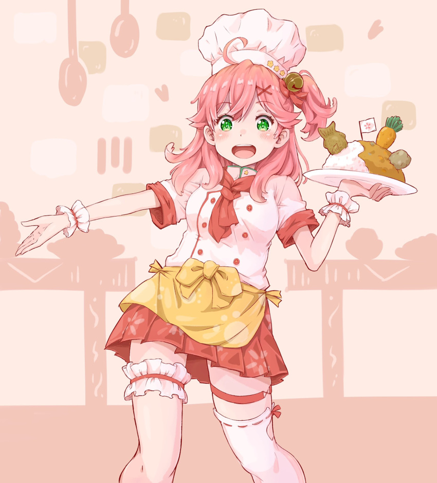 1girl ahoge alternate_costume bell blush chef_hat cherry_blossom_print curry curry_rice floral_print food green_eyes hair_bell hair_ornament hairclip hat highres hololive ist_lei_mikan leg_garter open_mouth pink_hair rice sakura_miko solo table taiyaki upper_teeth virtual_youtuber wagashi x_hair_ornament