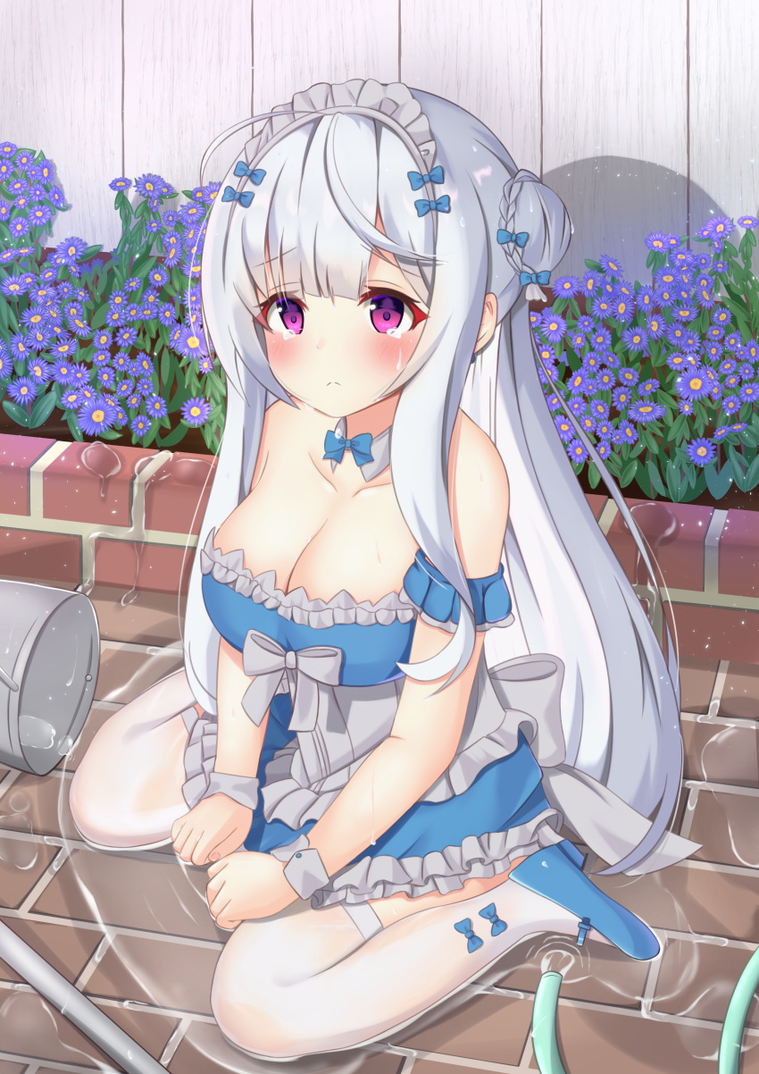 1girl absurdres alternate_costume apron artist_request azur_lane bare_shoulders blue_footwear braid braided_bun breasts collar cygnet_(azur_lane) cygnet_(offer_has_been_maid)_(azur_lane) detached_collar double_bun enmaided fence flower frilled_apron frilled_hairband frills full_body gaiters hairband highres hose large_breasts long_hair looking_at_viewer maid maid_apron maid_dress outdoors sitting solo thigh-highs thighhigh_gaiters violet_eyes wariza water white_collar white_hair white_hairband white_legwear