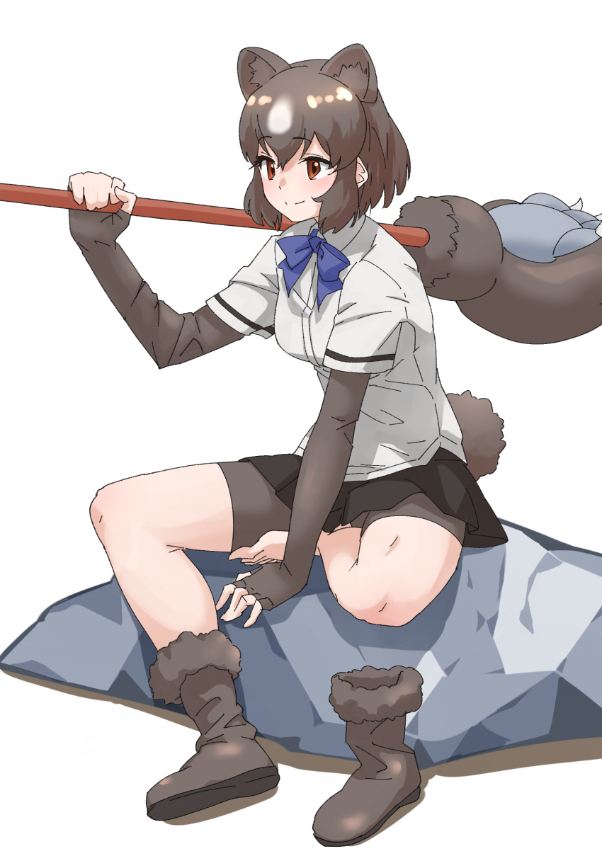 1girl absurdres animal_ears arm_support bare_legs barefoot bear_ears bear_girl bear_paw_hammer bear_tail bike_shorts black_hair boots bow bowtie brown_bear_(kemono_friends) brown_eyes closed_mouth collared_shirt elbow_gloves extra_ears eyebrows_visible_through_hair fingerless_gloves full_body gloves hair_between_eyes hand_up highres holding holding_weapon kemono_friends looking_afar medium_hair microskirt multicolored_hair outstretched_arm over_shoulder pleated_skirt shirt short_sleeves shorts shorts_under_skirt sidelocks simple_background single_boot sitting skirt smile solo tail tanabe_(fueisei) toes two-tone_hair weapon weapon_over_shoulder white_background white_hair wing_collar