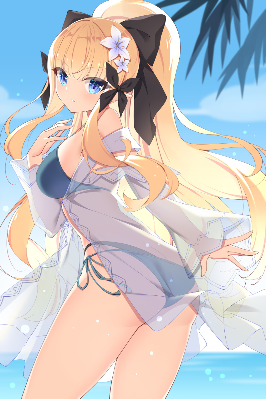 1girl bangs bikini black_bow blonde_hair blue_eyes blush bow breasts elf eyebrows_visible_through_hair flower hair_bow hair_flower hair_ornament highres large_breasts long_hair looking_at_viewer pointy_ears ponytail princess_connect! princess_connect!_re:dive rx7649 saren_(princess_connect!) solo swimsuit