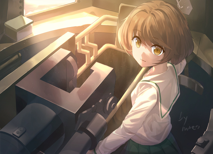 1girl akiyama_yukari artist_name bangs black_neckwear blouse brown_eyes brown_hair closed_mouth commentary dust_particles eyebrows_visible_through_hair girls_und_panzer green_skirt haires long_sleeves looking_at_viewer messy_hair neckerchief ooarai_school_uniform pleated_skirt sailor_collar school_uniform short_hair signature skirt smile solo sunlight tank_interior white_blouse white_sailor_collar