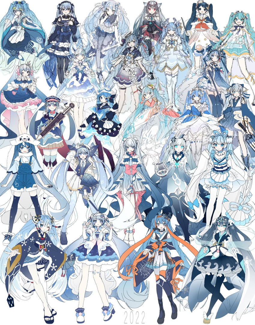 2022 6+girls :o absurdres animal_costume animal_print annotation_request apron aqua_eyes aqua_hair bare_shoulders baton beads black_legwear bloomers blue_capelet blue_dress blue_eyes blue_hair blue_headwear blush_stickers borrowed_design bow capelet collar collared_dress detached_sleeves dress earmuffs fan fish_print frilled_dress frills full_body fur-trimmed_capelet fur-trimmed_sleeves fur_trim geta gloves gold_trim gradient_hair hair_beads hair_bow hair_ornament hair_ribbon hand_in_hair hand_on_own_chest hand_up harp hat hatsune_miku headdress highres holding holding_fan holding_instrument holding_scepter instrument japanese_clothes kimono kneehighs krlouvf layered_dress light_blue_eyes light_blue_hair looking_at_viewer mask mask_on_head multicolored_hair multiple_girls multiple_persona neckerchief open_mouth paper_fan parted_lips pleated_skirt red_eyes red_neckwear ribbon sailor_collar sailor_hat scepter seal_costume shoes shorts sketch skirt skirt_hold smile sneakers snowflake_print standing suspender_shorts suspenders tiara tonkori twintails uchiwa underwear vocaloid wave_print white_background white_collar white_dress white_gloves white_hair white_headwear white_legwear wide_sleeves winged_footwear yuki_miku