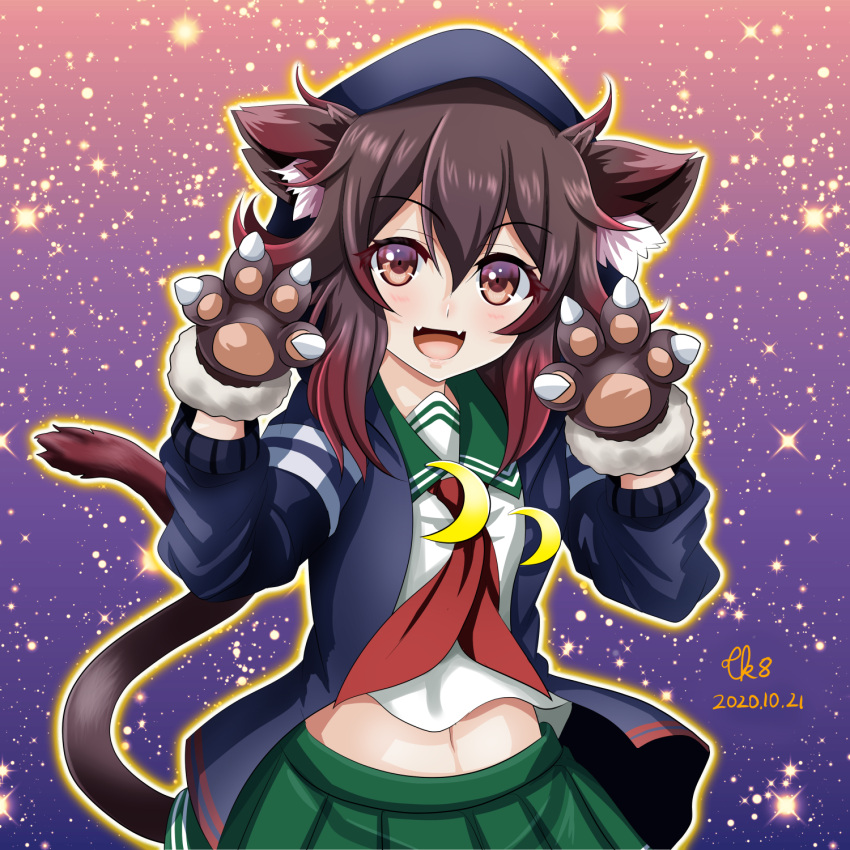 1girl :d animal_ears artist_name blush brown_eyes brown_hair cat_ears cat_paws cat_tail crescent crescent_moon_pin dated eyebrows_visible_through_hair fangs green_skirt hair_between_eyes highres kantai_collection long_sleeves mutsuki_(kantai_collection) neckerchief open_mouth paws pleated_skirt red_neckwear remodel_(kantai_collection) school_uniform serafuku short_hair signature skin_fangs skirt smile solo tail tk8d32