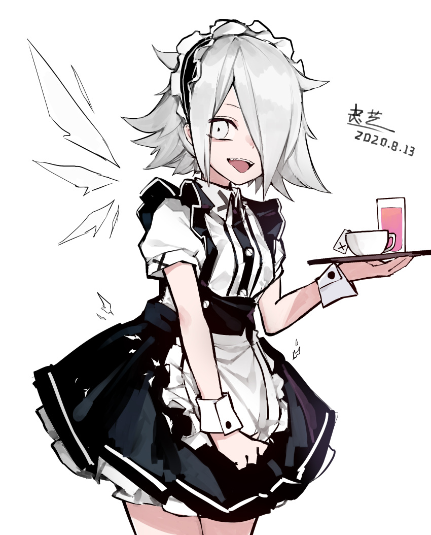 1girl absurdres cup dated detached_wings grey_eyes grey_hair hair_over_one_eye highres holding holding_plate maid maid_headdress open_mouth original plate sangzhi short_hair signature simple_background solo teacup teeth upper_teeth white_background wings