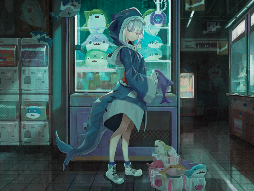 1girl animal_hood anzi bag bangs blue_eyes blue_hair blue_hoodie blue_legwear boots closed_mouth commentary_request drawstring eyebrows_visible_through_hair full_body gashapon_machine gawr_gura highres hololive hololive_english hood hood_up hoodie indoors looking_at_viewer looking_to_the_side multicolored_hair ribbed_legwear shark_hood shark_tail socks solo standing streaked_hair stuffed_animal stuffed_shark stuffed_toy tail virtual_youtuber white_footwear white_hair