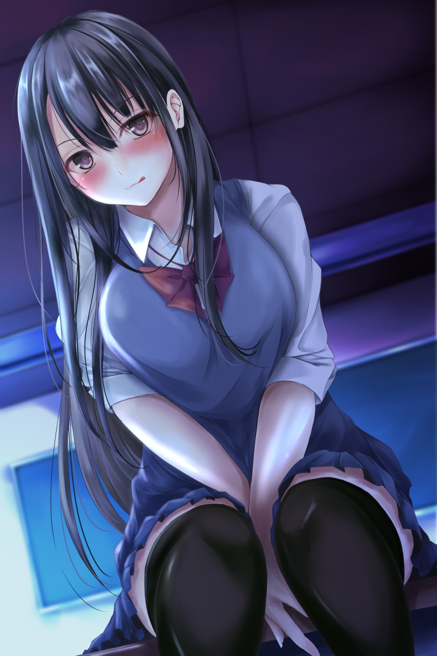 1girl :p arms_between_legs bangs black_hair black_legwear blue_cardigan blue_skirt blush breasts brown_eyes cardigan cardigan_vest ceiling chalkboard classroom collared_shirt desk feet_out_of_frame funky45 highres large_breasts long_hair looking_at_viewer night on_desk original pleated_skirt school_uniform shirt sidelocks sitting sitting_on_desk skirt sleeves_rolled_up smile thigh-highs tongue tongue_out white_shirt zettai_ryouiki