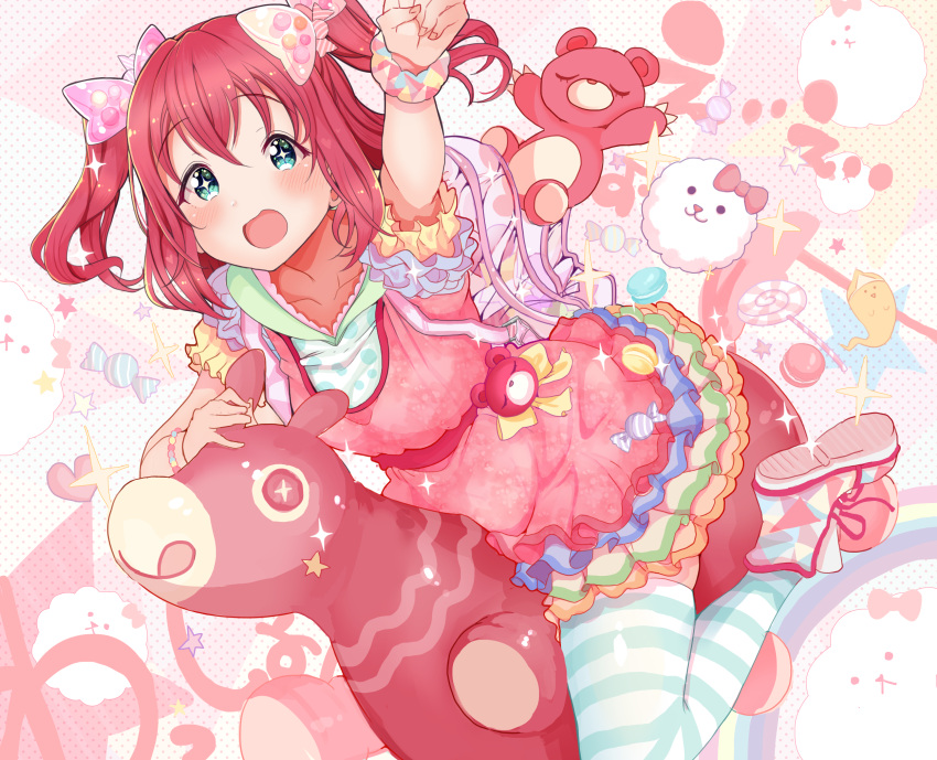 1girl :d aqua_eyes bangs blush bodystocking collarbone dress eyebrows_visible_through_hair frilled_dress frilled_sleeves frills hair_between_eyes hair_ribbon highres kurosawa_ruby kuzu_kow layered_dress love_live! love_live!_sunshine!! open_mouth petticoat pink_dress raised_eyebrows redhead ribbon riding scrunchie short_dress short_sleeves skindentation smile solo sparkling_eyes star-shaped_pupils star_(symbol) striped striped_legwear stuffed_animal stuffed_toy symbol-shaped_pupils tareme teddy_bear thigh-highs two_side_up wrist_scrunchie