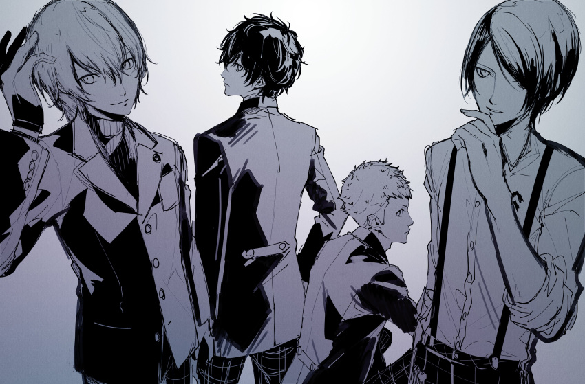 4boys absurdres akechi_gorou amamiya_ren bangs buttons closed_mouth gloves greyscale hair_between_eyes hair_over_one_eye highres jacket kitagawa_yuusuke long_sleeves male_focus monochrome multiple_boys pants parted_lips persona persona_5 sakamoto_ryuuji shirt simple_background smile suspenders yuu_(isis7796)