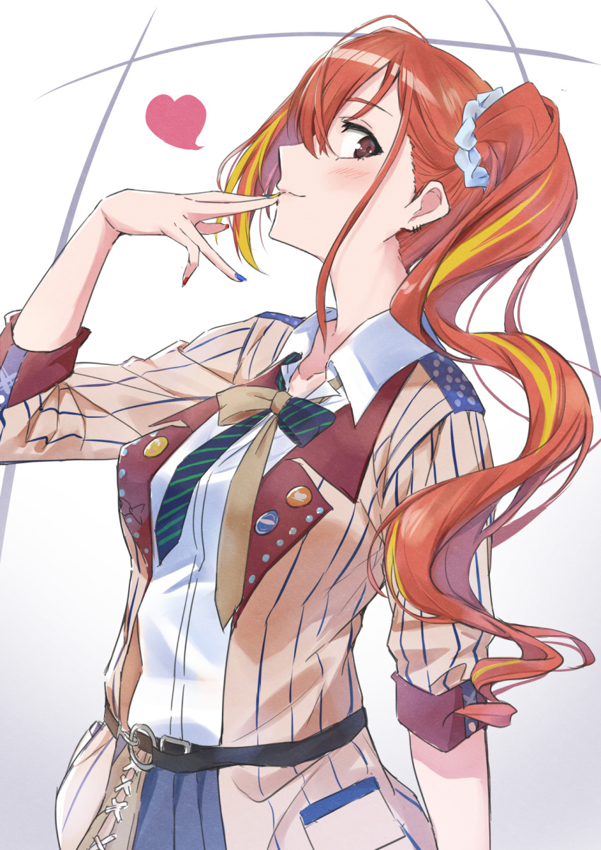1girl arisugawa_natsuha belt blue_nails brown_eyes commentary_request earrings finger_to_mouth from_side glance hair_ornament hair_scrunchie heart highres idolmaster idolmaster_shiny_colors jewelry kagari_leroy long_hair looking_at_viewer multicolored_hair orange_hair red_nails scrunchie shirt side_ponytail sleeves_past_elbows solo streaked_hair two-tone_hair vertical-striped_jacket white_shirt