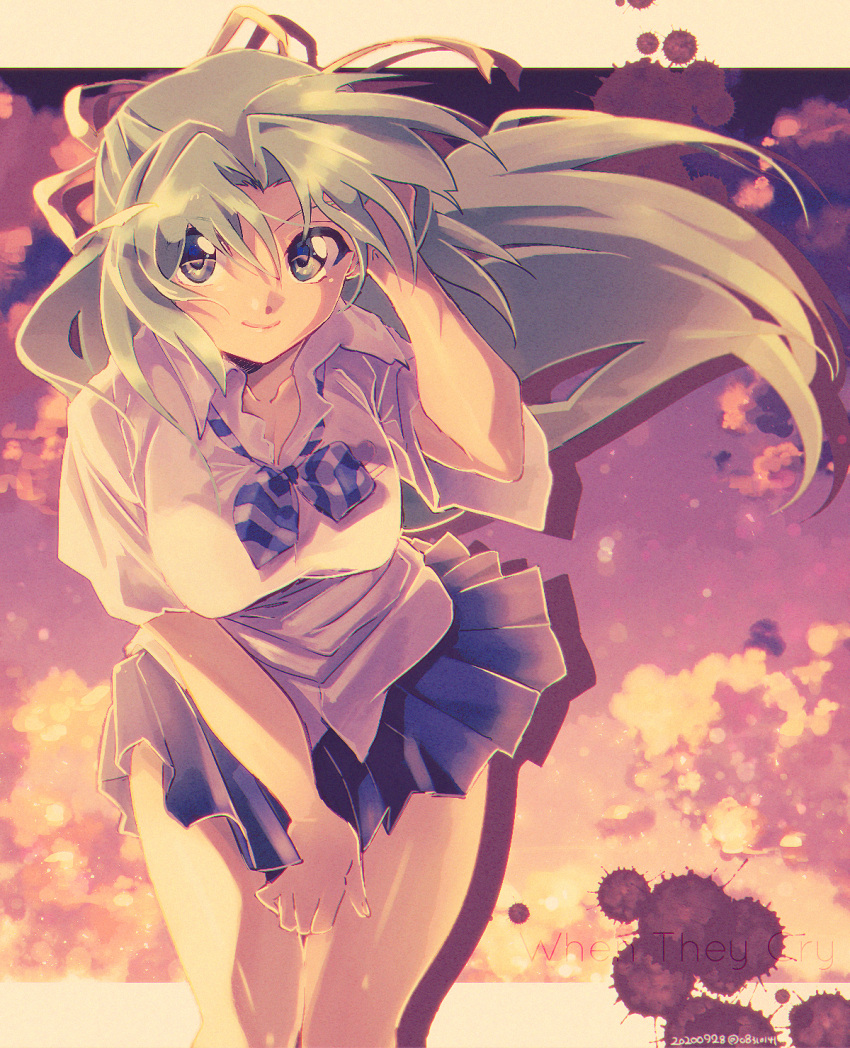 1girl 2020 adjusting_hair aqua_hair bangs between_legs blood blue_eyes blue_skirt breasts closed_mouth clouds cloudy_sky copyright_name cowboy_shot dated evening floating_hair green_eyes green_hair half-closed_eyes hand_between_legs highres higurashi_no_naku_koro_ni holding holding_clothes holding_skirt knees_together large_breasts leaning_forward looking_at_viewer miniskirt multicolored multicolored_eyes multicolored_sky o831o141 parted_bangs pleated_skirt ribbon school_uniform shirt short_sleeves skirt sky smile solo sonozaki_shion splatter striped striped_neckwear twilight twitter_username white_shirt wind yellow_ribbon