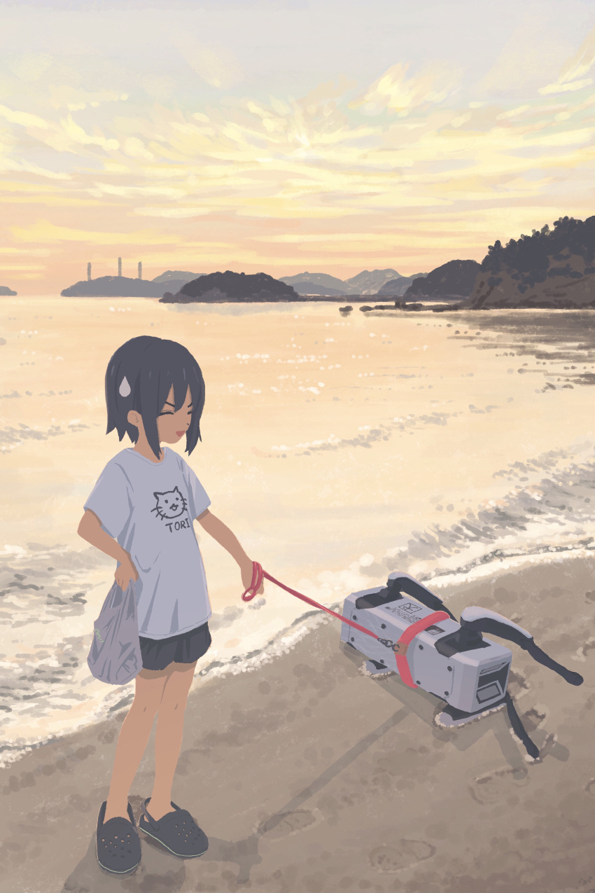 1girl absurdres bag beach black_hair boston_dynamics commentary_request crocs evening footprints highres leash lying nerio_(neri_akira) ocean original plastic_bag scenery shirt shorts sky spot_(boston_dynamics) sweatdrop t-shirt