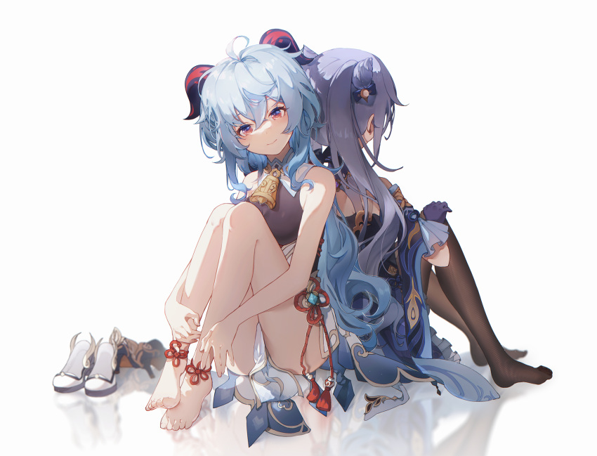 2girls back-to-back bangs bare_arms bare_shoulders barefoot black_legwear blue_hair closed_mouth crossed_bangs double_bun emio eyebrows_visible_through_hair ganyu_(genshin_impact) genshin_impact gloves goat_horns high_heels highres horns keqing_(genshin_impact) knees_up long_hair looking_at_viewer multiple_girls pantyhose purple_gloves purple_hair red_eyes shoes shoes_removed sitting smile thighs twintails white_background