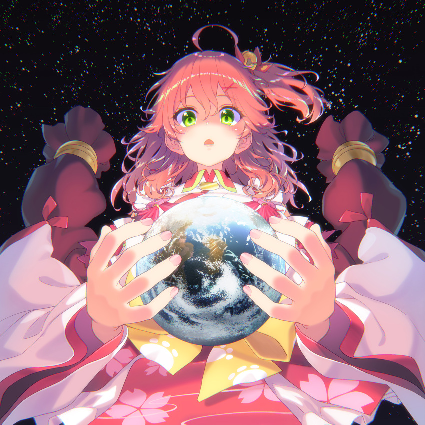 1girl ahoge bell cherry_blossom_print chestnut_mouth earth floral_print green_eyes hair_bell hair_between_eyes hair_ornament hairclip hakui_ami highres hololive nail_polish open_mouth pink_hair pink_nails planet sakura_miko space star_(sky) virtual_youtuber x_hair_ornament