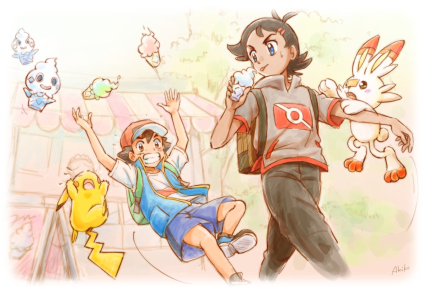 2boys antenna_hair ash_ketchum bangs baseball_cap black_hair black_pants blue_eyes casteliacone clenched_teeth commentary_request eating falling gen_1_pokemon gen_5_pokemon gen_8_pokemon goh_(pokemon) hat highres holding looking_back motion_lines multiple_boys pants pikachu pikasato_akiko pokemon pokemon_(anime) pokemon_(creature) pokemon_swsh_(anime) scorbunny shirt short_sleeves shorts sweatdrop teeth tongue tongue_out vanillite walking watermark