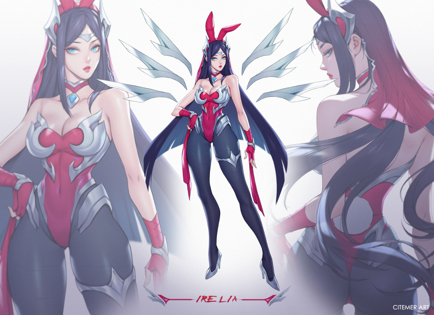1girl animal_ears arm_at_side artist_name bare_shoulders black_hair black_legwear blue_eyes bunny_tail character_name choker citemer commentary english_commentary fake_animal_ears fake_tail fingerless_gloves gloves hand_on_hip headband high_heels highleg highleg_leotard highres irelia league_of_legends leotard long_hair looking_at_viewer multicolored_choker pantyhose playboy_bunny rabbit_ears skin_tight solo standing tail taut_clothes thighlet very_long_hair