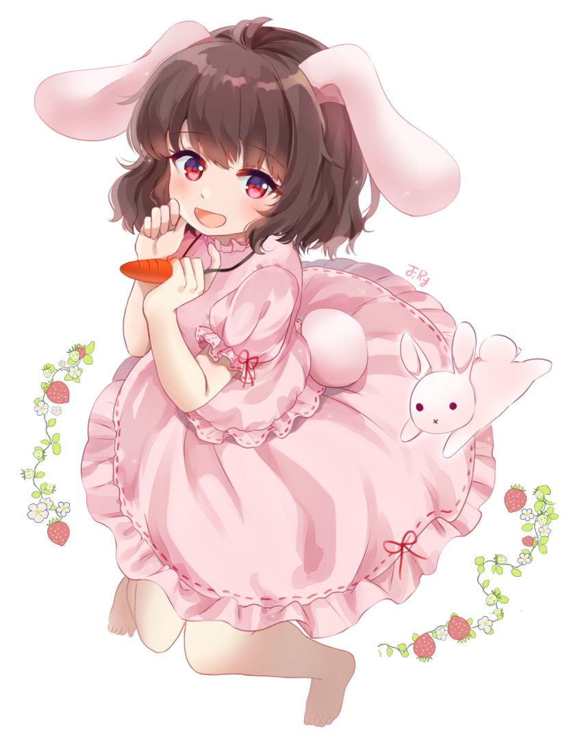 1girl :d :x animal_ears artist_name barefoot black_hair blush bunny_tail bunnyjiry_(jirynyang) carrot_necklace daisy eyebrows_visible_through_hair flower food fruit hand_on_own_cheek highres holding holding_jewelry holding_necklace inaba_tewi jewelry knees_together_feet_apart looking_at_viewer necklace open_mouth pink_shirt pink_skirt plant puffy_short_sleeves puffy_sleeves rabbit rabbit_ears red_eyes shirt short_sleeves simple_background skirt smile solid_circle_eyes solo strawberry tail touhou vines white_background