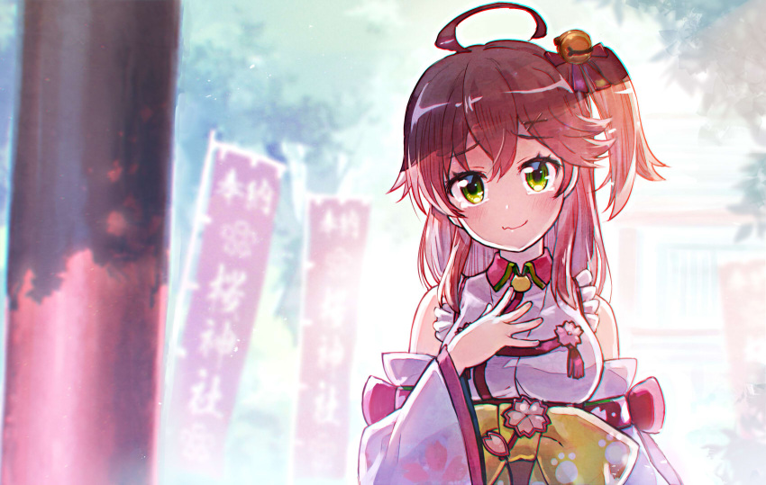 1girl ahoge bare_shoulders bell blush breasts commentary_request floral_print green_eyes hair_bell hair_ornament highres hololive japanese_clothes looking_at_viewer outdoors pink_hair sakino_shingetsu sakura_miko side_ponytail smile solo tears torii virtual_youtuber
