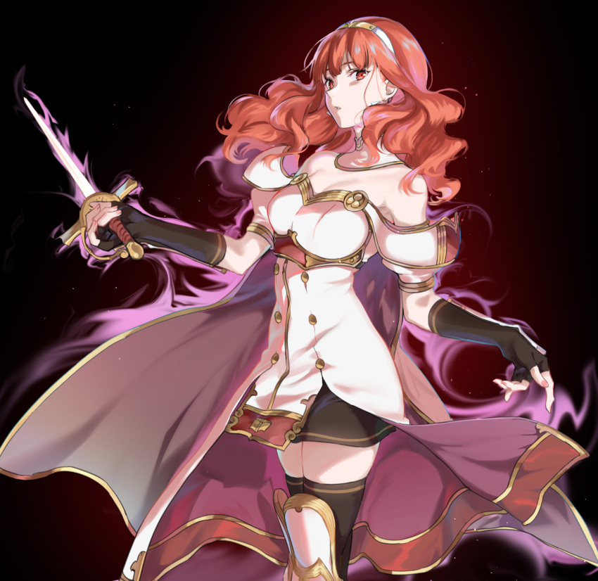1girl arm_guards armor armored_boots aura bangs black_background black_legwear boots breastplate cape celica_(fire_emblem) cowboy_shot dark_aura dark_persona detached_collar dress earrings eyebrows_visible_through_hair fingerless_gloves fire_emblem fire_emblem_echoes:_shadows_of_valentia fire_emblem_heroes gloves hair_ornament hairband highres holding holding_sword holding_weapon jewelry long_hair looking_at_viewer misu_kasumi parted_lips puffy_short_sleeves puffy_sleeves red_eyes redhead short_sleeves simple_background smile solo standing sword thigh-highs weapon zettai_ryouiki