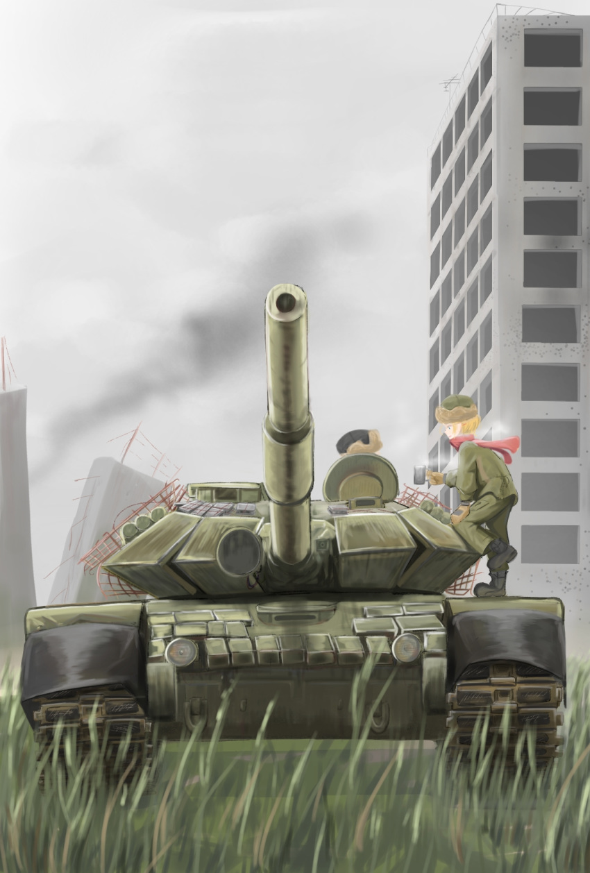 1girl artist_request blonde_hair blue_eyes building caterpillar_tracks clouds cloudy_sky commentary_request cup day fur_hat gloves grass ground_vehicle hat highres military military_vehicle motor_vehicle original ruins scarf short_hair sky smile smoke solo t-72 tank traditional_media ushanka
