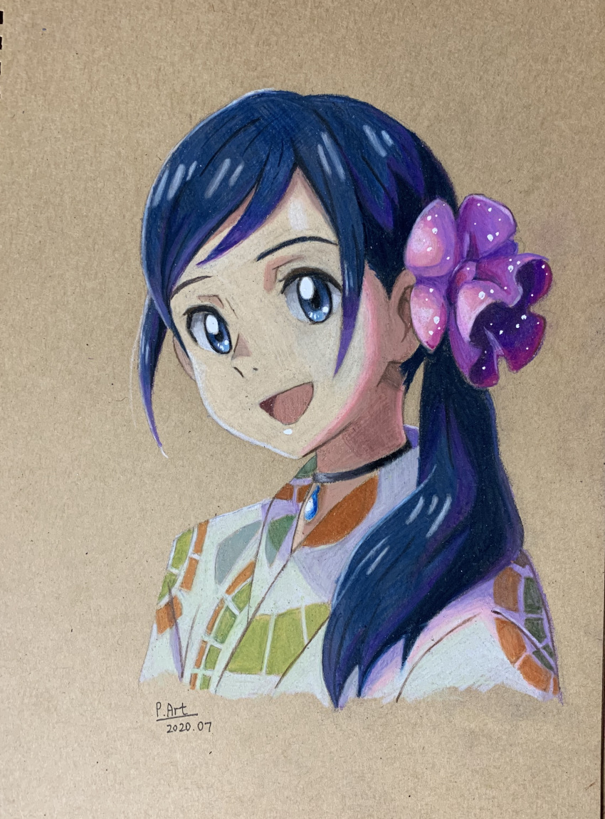 1girl 2020 :d absurdres amano_hina_(tenki_no_ko) blue_eyes blue_hair brown_background colored_pencil_(medium) cropped_torso dated hair_over_shoulder highres japanese_clothes jewelry kimono long_hair open_mouth part66175290 pendant shiny shiny_hair side_ponytail smile solo tenki_no_ko traditional_media upper_body