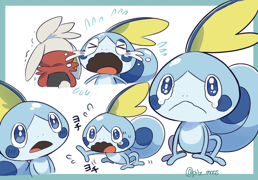 &gt;_&lt; :&lt; artist_name closed_mouth commentary_request crying flying_sweatdrops gen_8_pokemon highres koke_ojisan no_humans open_mouth pokemon pokemon_(creature) raboot sobble starter_pokemon tears tongue trembling watermark watery_eyes wavy_mouth
