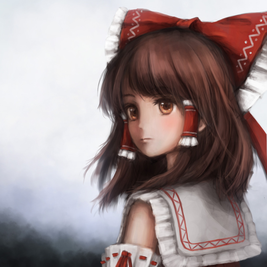 1girl absurdres ai_hajime bangs bow brown_eyes brown_hair closed_mouth collared_shirt commentary_request detached_sleeves eyebrows_visible_through_hair frilled_bow frilled_shirt_collar frills from_behind grey_background hair_bow hair_over_shoulder hair_tubes hakurei_reimu highres light_blush looking_away looking_to_the_side medium_hair partial_commentary portrait red_bow red_ribbon red_shirt ribbon ribbon-trimmed_sleeves ribbon_trim shirt sidelocks sleeveless sleeveless_shirt solo swept_bangs touhou upper_body