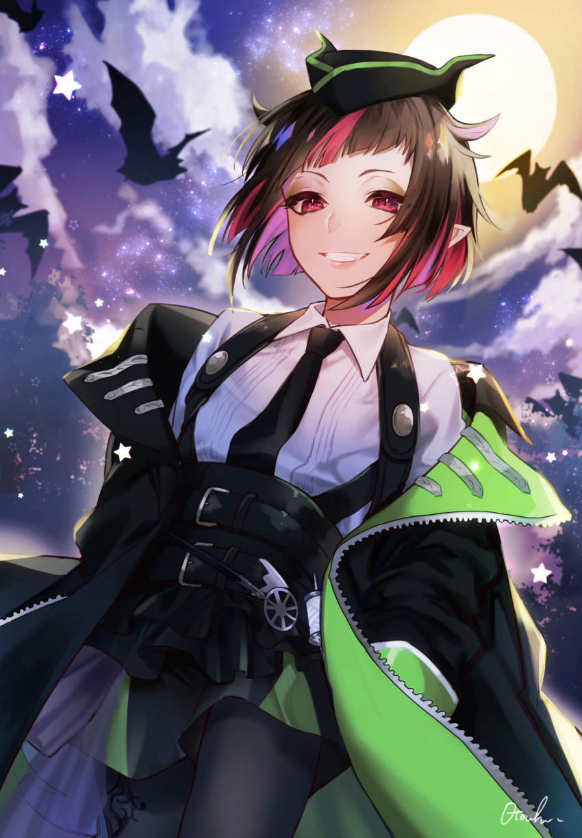 1boy bat belt black_neckwear clouds cloudy_sky collared_shirt fang full_moon green_eyeshadow hair_horns highres lilia_vanrouge moon multicolored_hair multiple_belts necktie night night_sky off-shoulder_jacket otoufu_(gotouhu) pointy_ears red_eyes shirt sky slit_pupils smile solo streaked_hair twisted_wonderland two-tone_hair