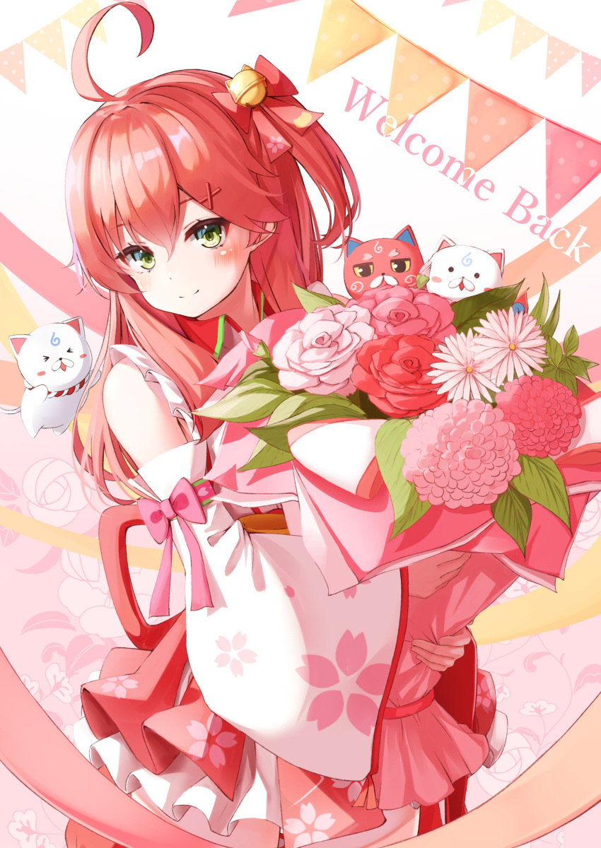 1girl 35p_(sakura_miko) absurdres ahoge bouquet cat cherry_blossom_print detached_sleeves english_text floral_print flower hair_ornament hairclip highres hololive kintoki_(sakura_miko) leaf nyan_(reinyan_007) parted_lips sakura_miko string_of_flags virtual_youtuber x_hair_ornament