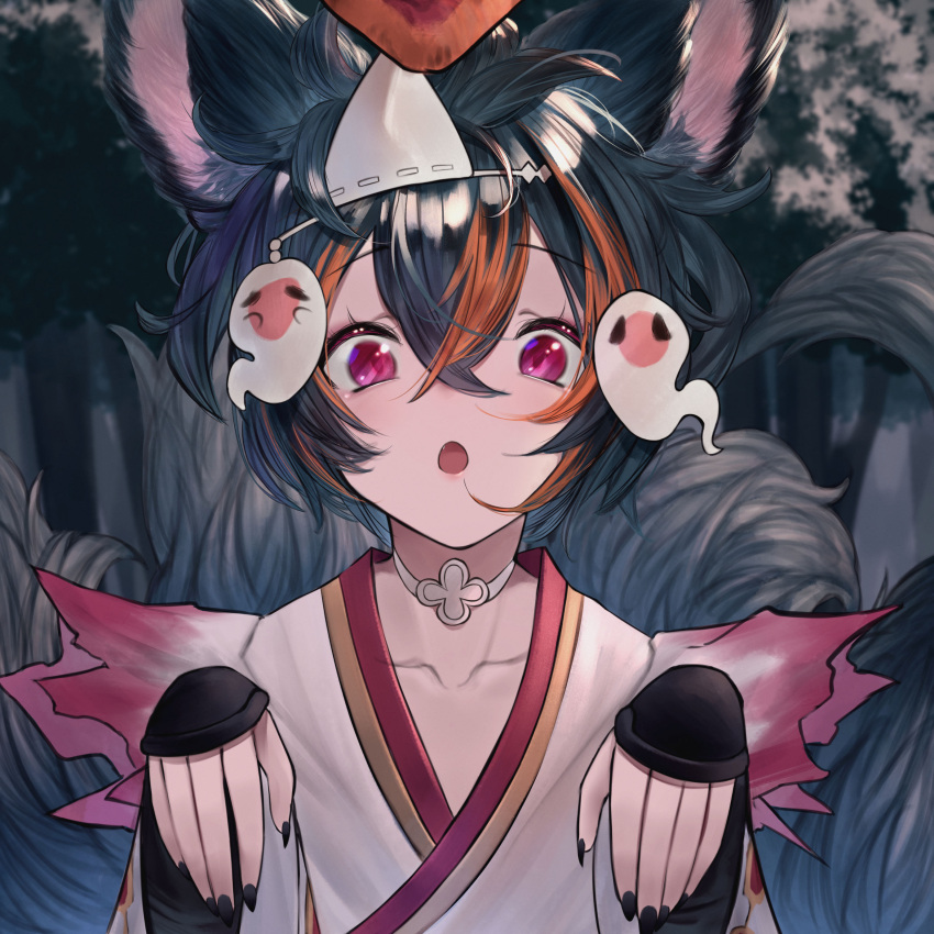 1girl :o absurdres animal_ears arm_guards bangs betabeet black_hair black_nails brown_eyes collarbone commentary erune eyebrows_visible_through_hair fang ghost ghost_pose granblue_fantasy hair_between_eyes hands_up highres japanese_clothes kimono looking_at_viewer multicolored_hair nail_polish open_mouth short_hair snow solo streaked_hair tail tail_raised tree triangular_headpiece upper_body violet_eyes white_kimono you_(granblue_fantasy)