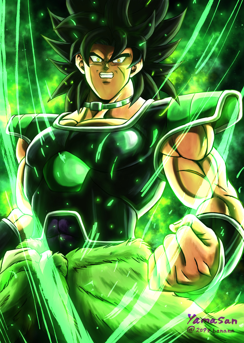 1boy 2094banana armor black_hair broly_(dragon_ball_super) choker clenched_hand clenched_teeth dragon_ball dragon_ball_super dragon_ball_super_broly highres long_hair looking_at_viewer shoulder_armor solo spaulders spiky_hair standing teeth twitter_username yellow_eyes