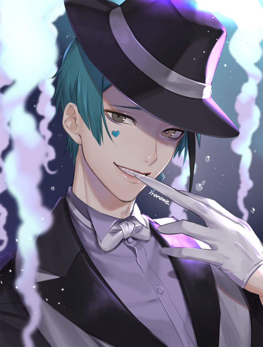 1boy air_bubble artist_name biting blue_hair bow bowtie bubble collared_shirt dress_shirt eyeliner fedora formal glove_biting gloves hat highres inanome_me jade_leech makeup making-of_available sharp_teeth shirt signature solo teeth tuxedo twisted_wonderland white_gloves white_neckwear yellow_eyes