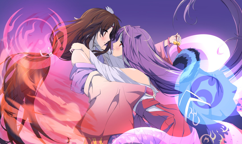 2girls absurdres animal_ears bell blush brown_hair clan_symbol dawn detached_sleeves duel_monster eye_contact fire forbidden_love fox_ears highres huge_filesize japanese_clothes jiguang jiguang_zhi_aoluola kimono looking_at_another mayakashi_(yugioh) miko_embrace multiple_girls purple_hair shiranui_(yugioh) wristband yu-gi-oh! yuri zhi