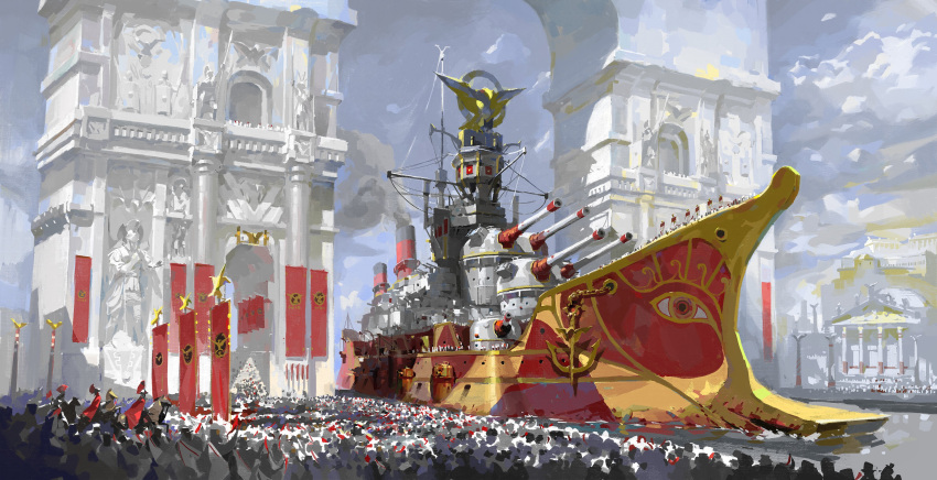 absurdres anchor arch architecture battleship bird building canal clouds cloudy_sky cogy_(fkcogus333) commentary crowd day eagle emblem english_commentary flag highres military military_vehicle original outdoors scenery ship sky smoke statue vehicle_focus warship watercraft