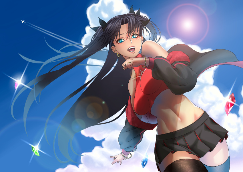 1girl absurdres artist_request bangs black_hair black_legwear black_skirt blue_eyes blush breasts fate/stay_night fate_(series) gem highres jacket long_hair long_sleeves looking_at_viewer medium_breasts navel open_clothes open_jacket open_mouth pleated_skirt skirt smile thigh-highs tohsaka_rin two_side_up
