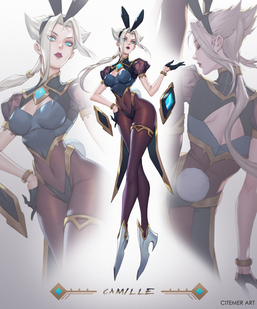 1girl animal_ears arm_at_side artist_name bare_shoulders black_legwear black_lipstick blue_eyes bunny_tail camille_(league_of_legends) character_name citemer commentary english_commentary fake_animal_ears fake_tail fingerless_gloves gloves half_gloves hand_on_hip hand_up headband high_heels highleg highleg_leotard highres league_of_legends leotard lipstick long_hair looking_at_viewer makeup multicolored_choker pantyhose playboy_bunny rabbit_ears skin_tight solo standing tail taut_clothes thighlet very_long_hair white_hair