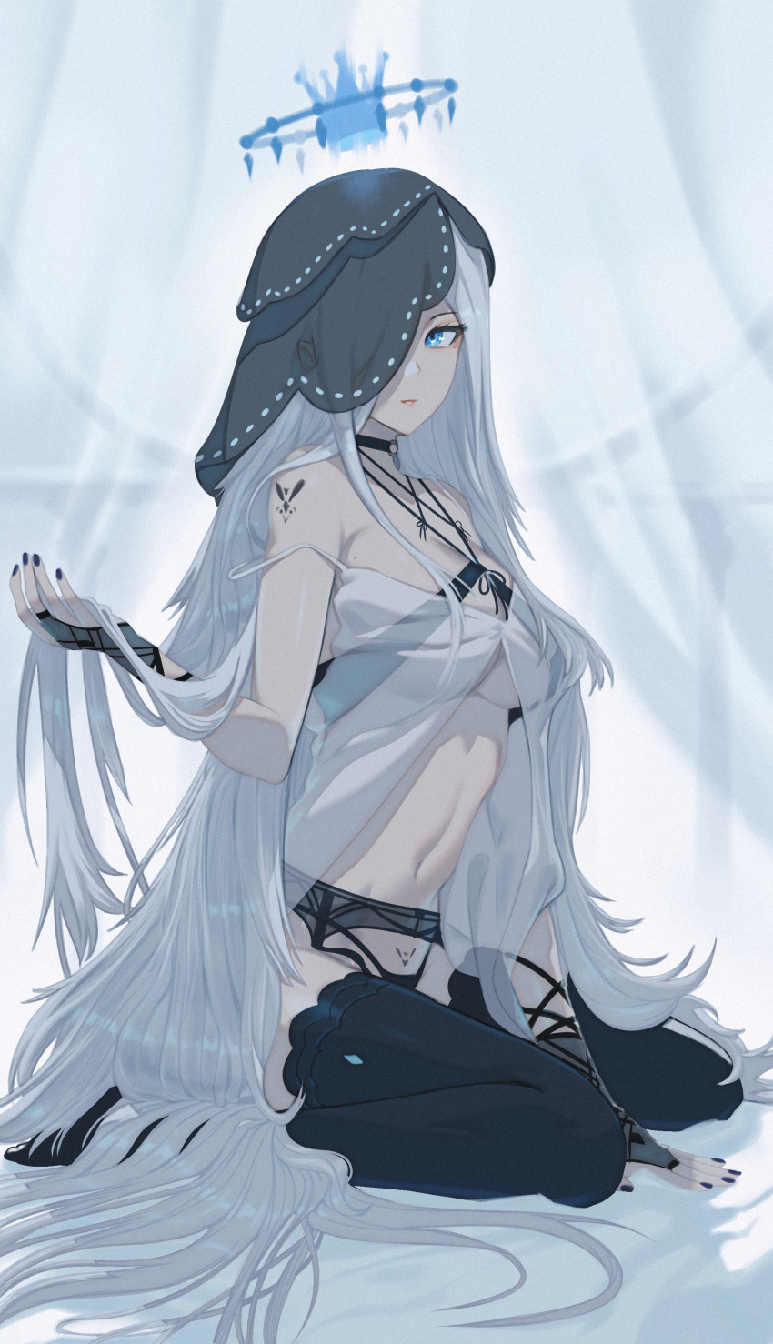 1girl absurdly_long_hair absurdres blue_eyes crown floating floating_object hair_over_one_eye highres jin_rou lingerie long_hair looking_to_the_side one_eye_covered original sitting solo textless thigh-highs underwear veil very_long_hair wariza white_hair
