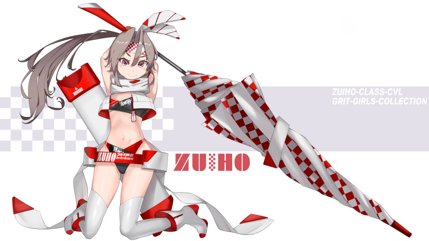 1girl absurdres alternate_costume alternate_hairstyle arms_up bikini character_name commentary_request fei_(feikotake) full_body grey_hair headband high_ponytail highres kantai_collection kneeling long_hair oversized_object ponytail racequeen scarf solo swimsuit thigh-highs umbrella white_legwear white_scarf zuihou_(kantai_collection)