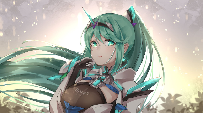 1girl backlighting bangs breasts chest_jewel earrings eyebrows_visible_through_hair gloves green_eyes green_hair hair_between_eyes highres jewelry large_breasts long_hair long_ponytail outdoors plant pneuma_(xenoblade) ponytail sarasadou_dan solo swept_bangs tiara upper_body very_long_hair xenoblade_chronicles_(series) xenoblade_chronicles_2