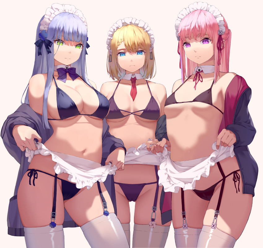 3girls absurdres apron apron_pull bangs bikini blonde_hair blue_eyes blunt_bangs breasts closed_mouth collarbone detached_collar g36_(girls_frontline) girls_frontline green_eyes highres hk416_(girls_frontline) large_breasts long_hair long_sleeves maid_apron maid_headdress multiple_girls navel pink_hair ren_huozhe side-tie_bikini silver_hair simple_background skindentation small_breasts st_ar-15_(girls_frontline) swimsuit thigh-highs violet_eyes white_background white_legwear