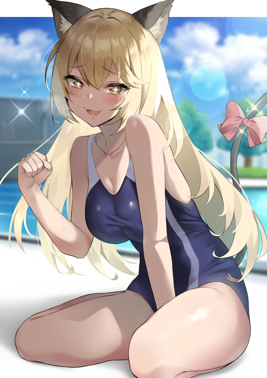 +_+ 1girl animal_ears bangs bare_shoulders blonde_hair blue_swimsuit blush breasts cat_ears cat_tail collarbone competition_swimsuit highres large_breasts long_hair looking_at_viewer one-piece_swimsuit open_mouth poolside shokuhou_misaki smile swimsuit tail thighs to_aru_kagaku_no_railgun to_aru_majutsu_no_index usa_b